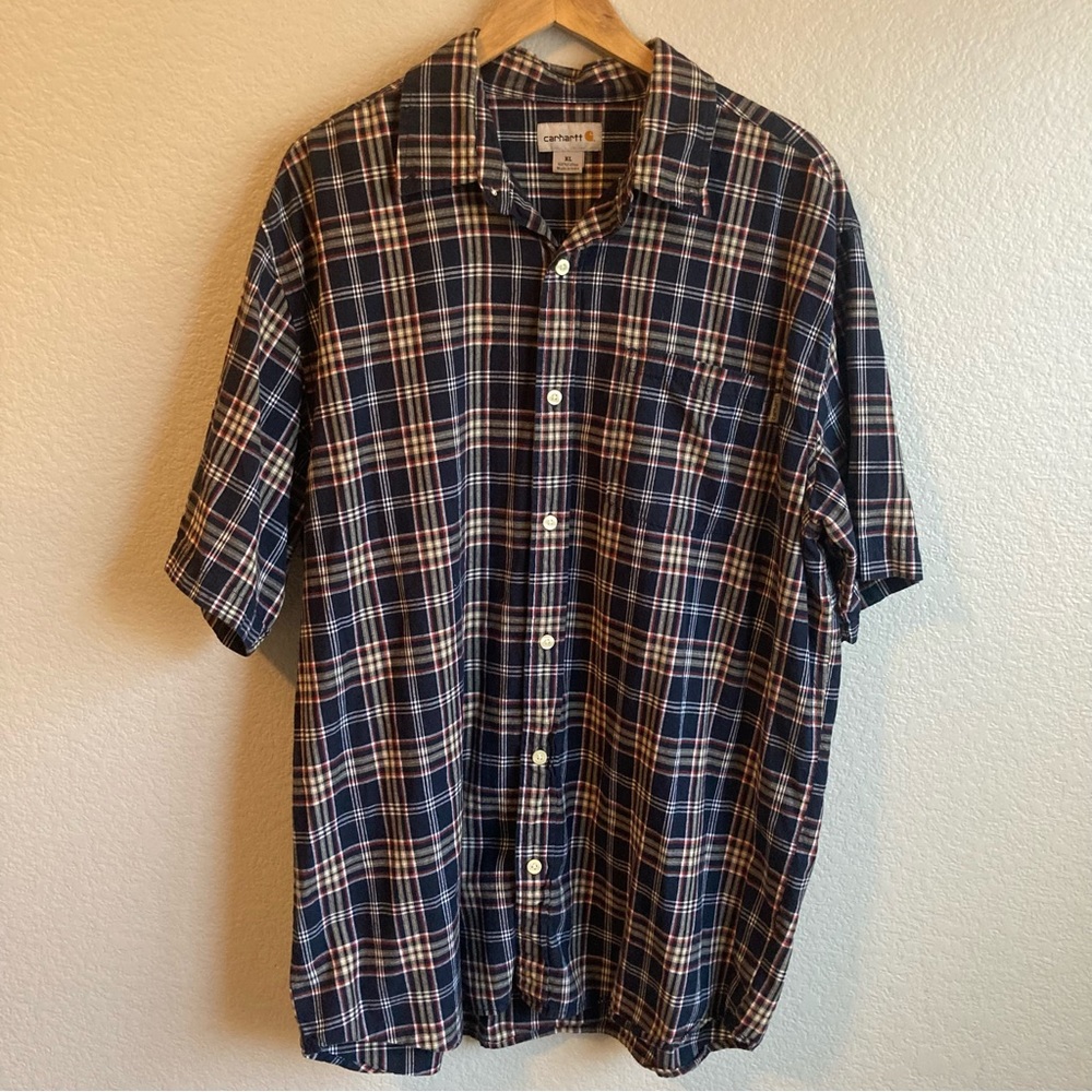 Men’s Carhartt Plaid Blue Red White Button Front Shirt Sleeve Shirt Size XL